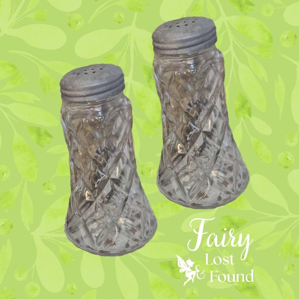 Vintage Pressed Clear Glass Salt & Pepper Shakers + Bonus Small Plate